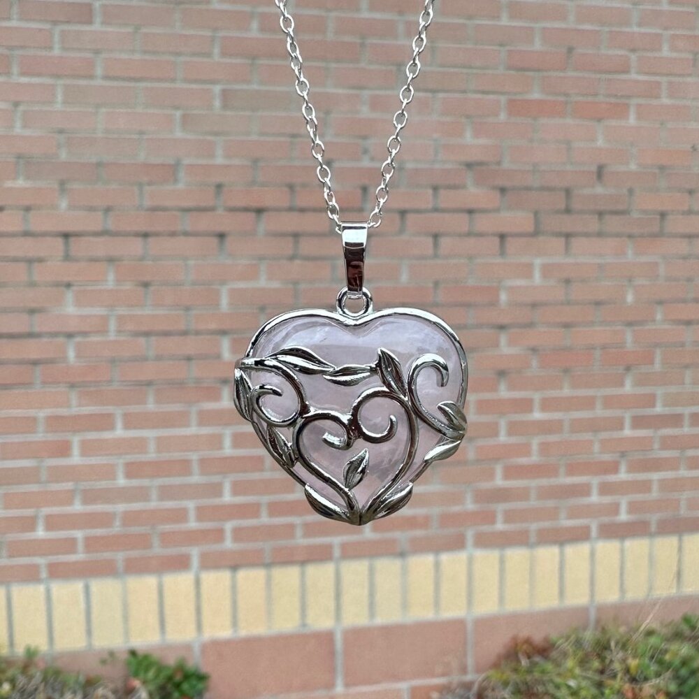 Silver Heart Locket Necklace with Pink Inlay - Women's Jewelry